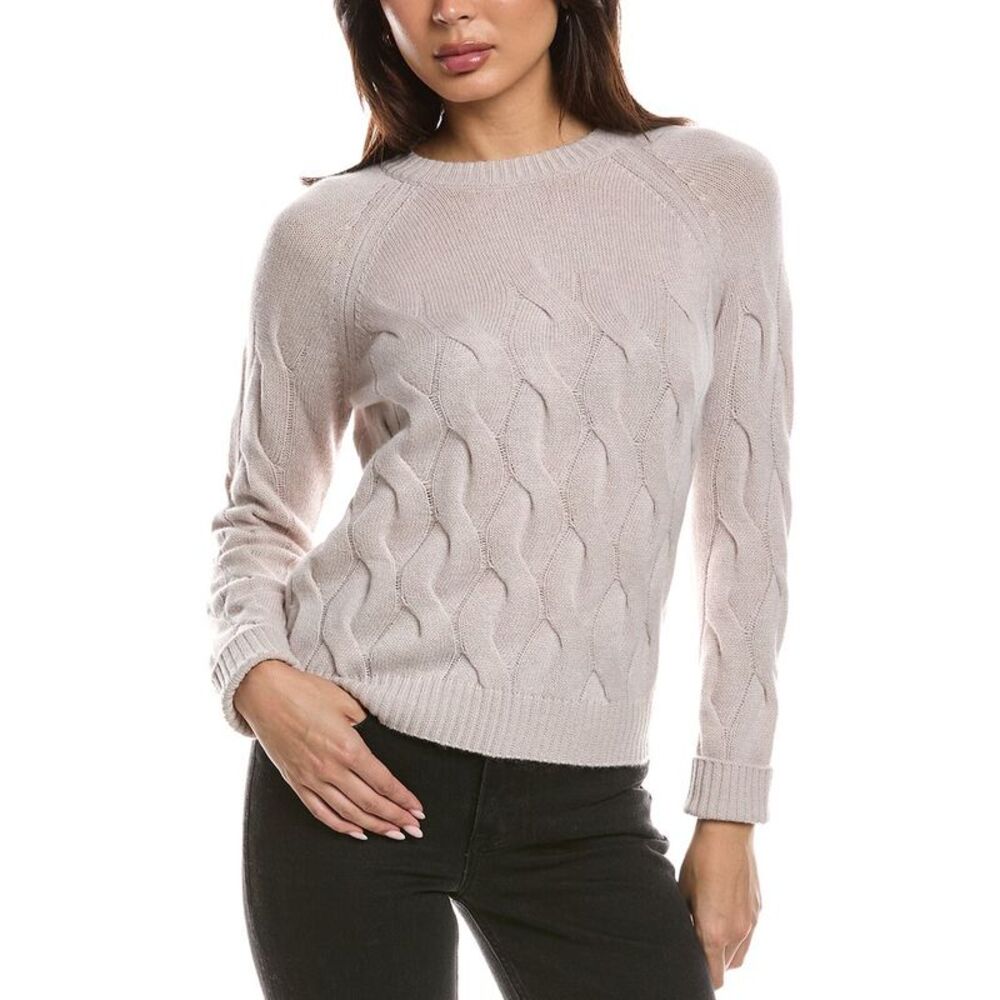 Forte Cashmere Womens Wandering Cable Crewneck 100% Cashmere Sweater, Beige